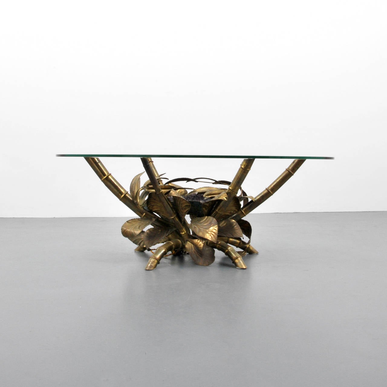Lit French cocktail table with purple agate surrounded by brass leaves and bamboo by Christian Techoueyres and in the manner of Jacques Duval-Brasseur.