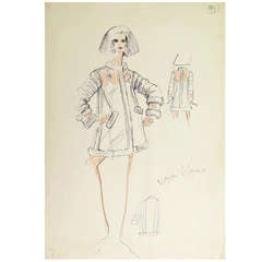 Original Karl Lagerfeld Fashion Drawing, Circa 1965, *Free Shipping
