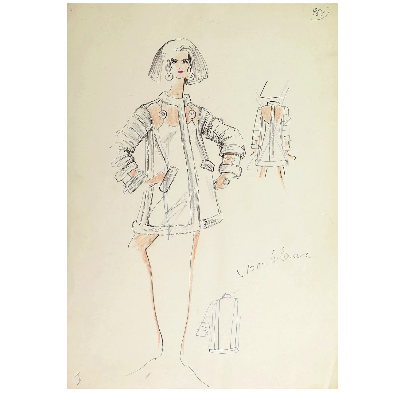 Original Karl Lagerfeld Fashion Drawing, Circa 1965, *Free Shipping