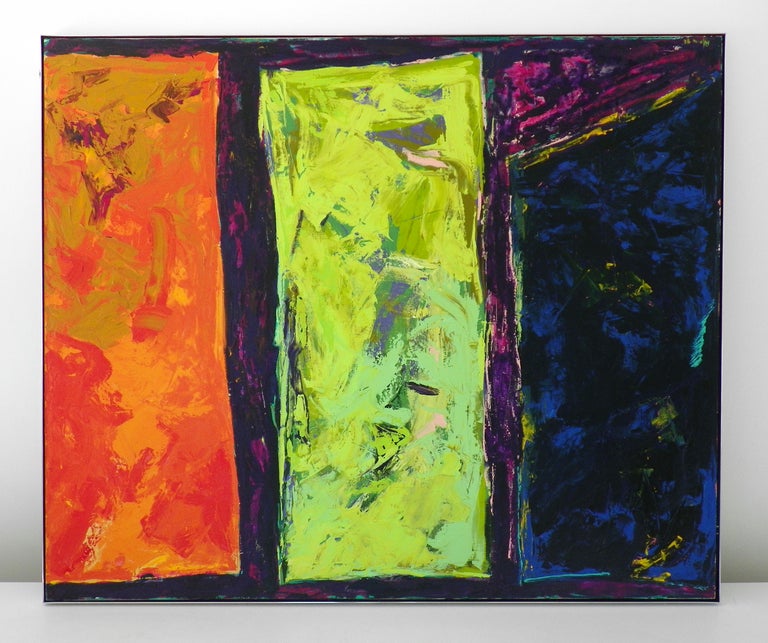 Large and colorful painting titled II CIELO LA TERRE II MARE by artist Palmira Saehrig (Italian/American). Work is signed and dated 1991. Gallery label to reverse: Mona Berman Fine Art gallery.