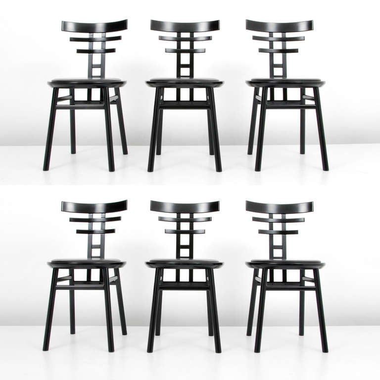 DESIGNER & MANUFACTURER: Jonathan De Pas, Donato D’Urbino & Paolo Lomazzi; Sormani

MARKINGS: none

ORIGIN & MATERIALS: Italy; wood, leather

ADDITIONAL INFORMATION: Set of six (6) Italian bentwood dining/side chairs designed by Jonathan De