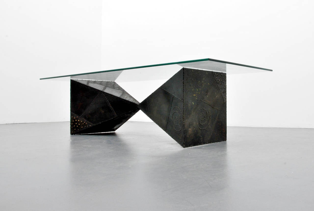Brutalist Pyramid coffee table by Paul Evans. Reference (similar form): Paul Evans designer and sculptor, Jeffrey Head, pgs. 79.

Markings: Signed and dated.
