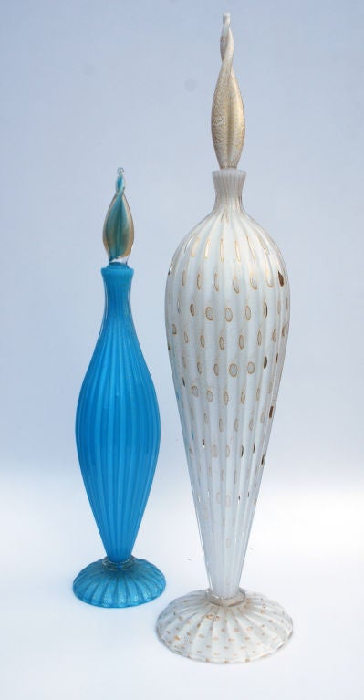 Fine pair of Barovier & Toso decanters, Murano, Italy.  Blue  decanter $1600 (19.5