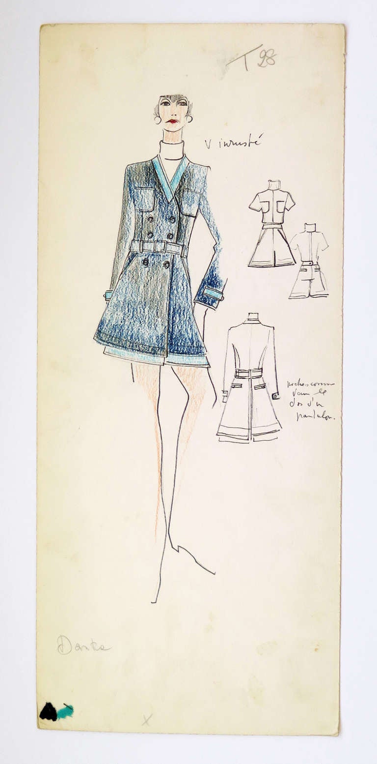 Mid-20th Century Original Karl Lagerfeld Fashion Drawings, Circa 1965, *Free Shipping