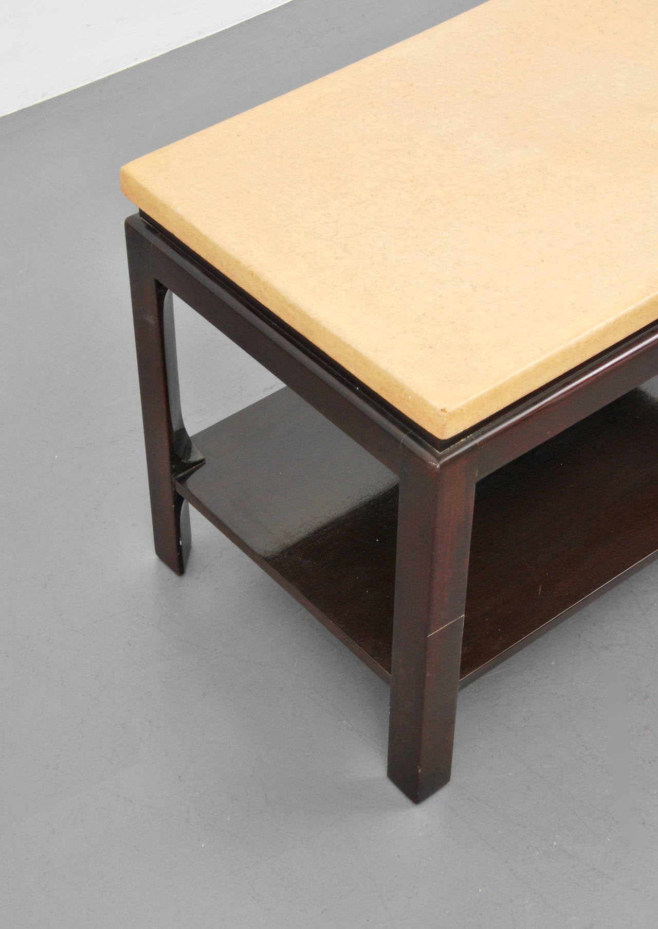 Side tables are two-tier with cork tops. 

Markings: Marked.