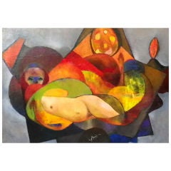 Large Signed Cubist Painting, 55"H, 70.5"W