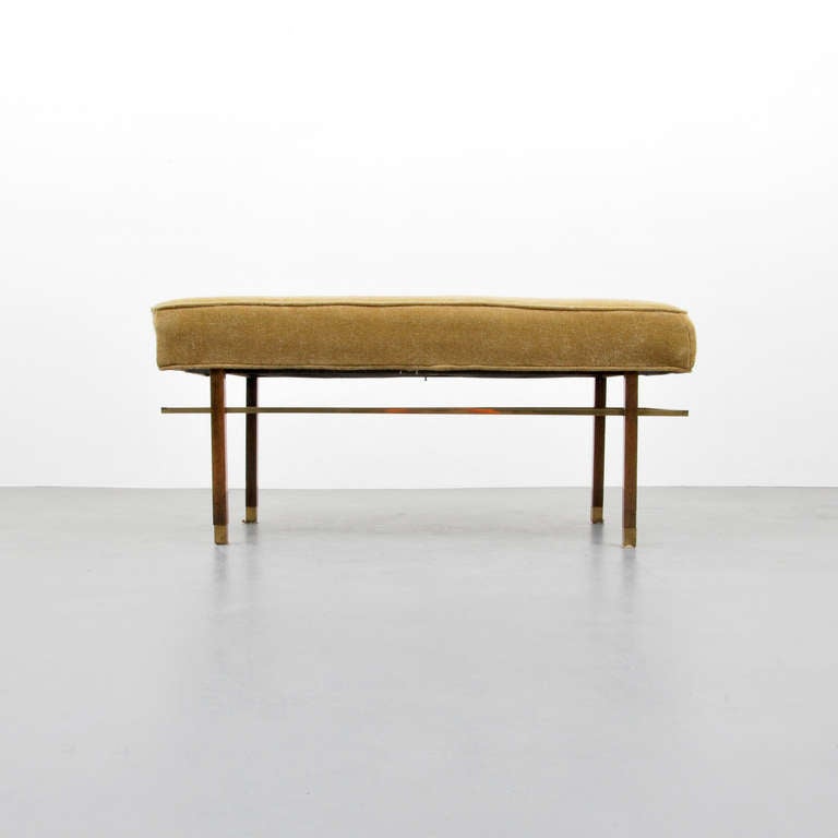 Upholstered bench with brass sabots by Harvey Probber.