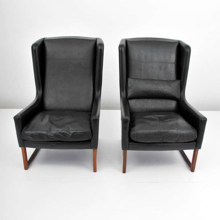 Pair of Danish Leather Wingback Chairs with One Footstool In Good Condition In West Palm Beach, FL