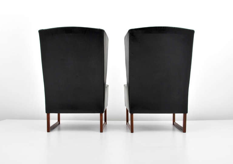 Pair of Danish Leather Wingback Chairs with One Footstool 2