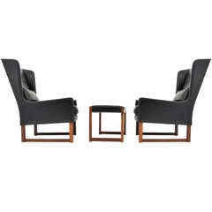 Pair of Danish Leather Wingback Chairs with One Footstool