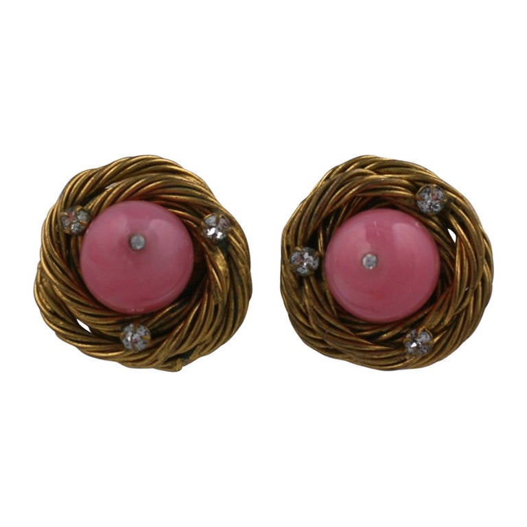 Classic Chanel  Rare Pink Birds Nest Earclips For Sale