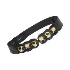1980s Judith Leiber Black Leather Belt with Black and White Pearl Accents