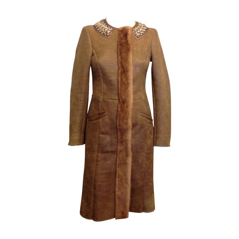 Prada Caramel Shearling Coat with Rhinestones and Fur