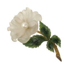 White and Green Jade Pearl 18K Gold Floral Brooch