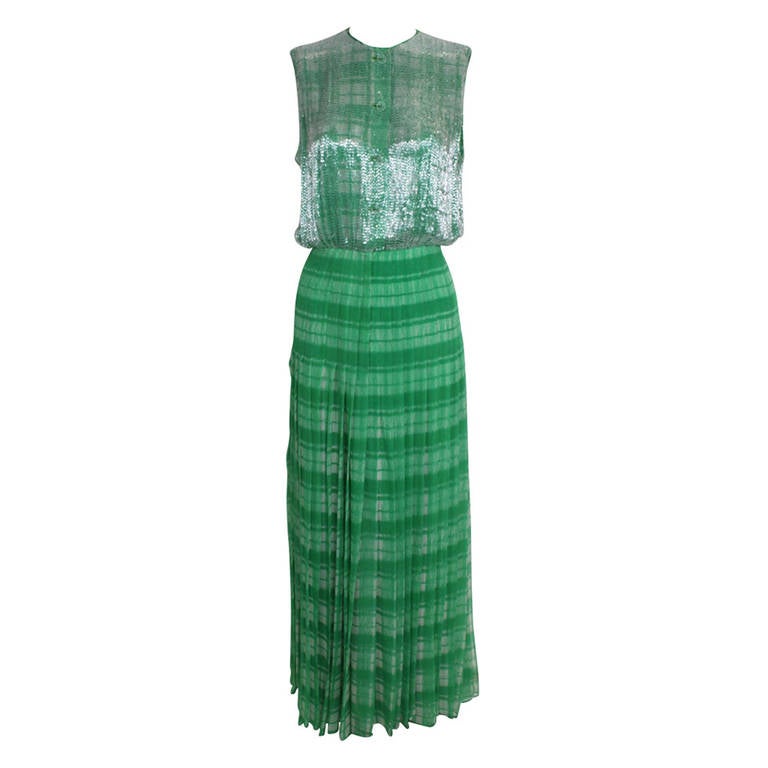 1960s Galanos Emerald Green Tartan Gown with Beaded Bodice
