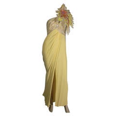 1980s Bob Mackie Yellow Evening Gown with Extravagant Beaded Corsage
