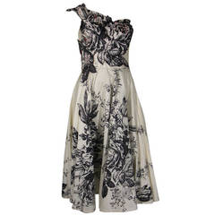 1950s White and Black Rose Print Asymmetrical Dress