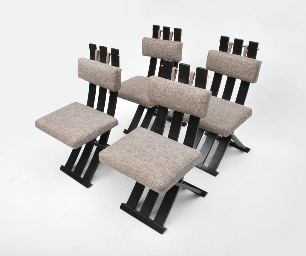 Fine set of 4 X base dining chairs by Harvey Probber. Unique, very comfortable design with matte brass hardware holding the back cushion.

*Notes: There is no sales tax on this item if it is being shipped out of the state of Florida