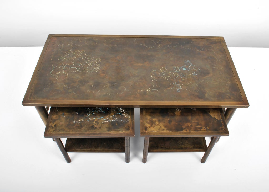 DESIGNER & MANUFACTURER: Philip & Kelvin Laverne

MARKINGS: marked

COUNTRY OF ORIGIN & MATERIALS: USA; bronze

ADDITIONAL INFORMATION: Beautifully designed and crafted bronze cocktail/coffee table and two (2) end tables with etched designs by