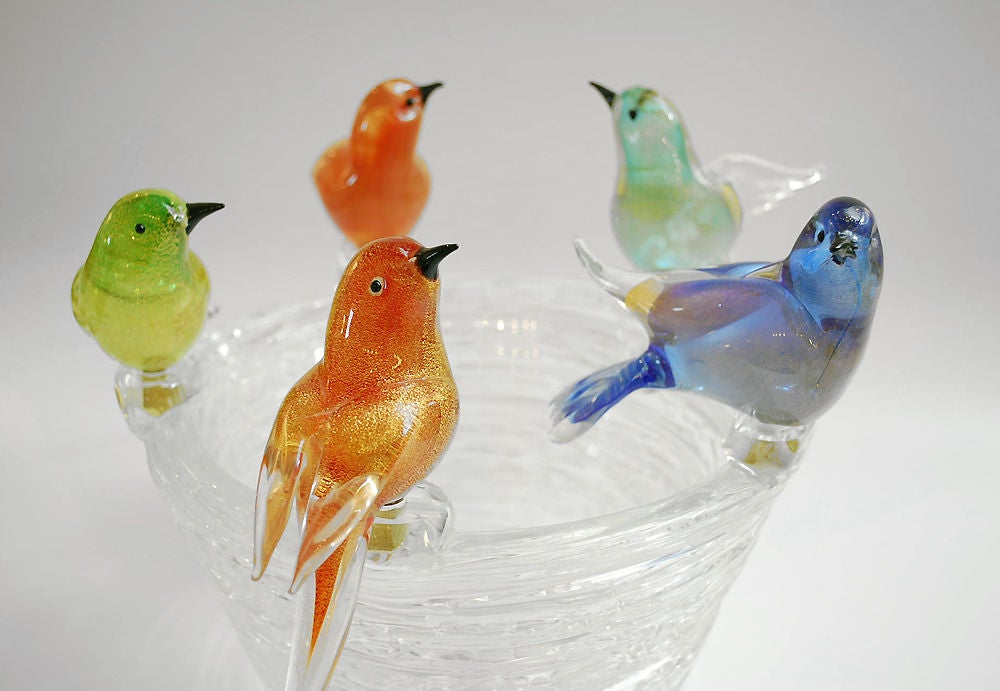 Fine & rare Murano bowl with 5 bird figurines perched on top.  Each bird has gold aventurine and is removeable and can be moved into different positions.  (Diameter below is with birds). *Notes: There is no sales tax on this item if it is being