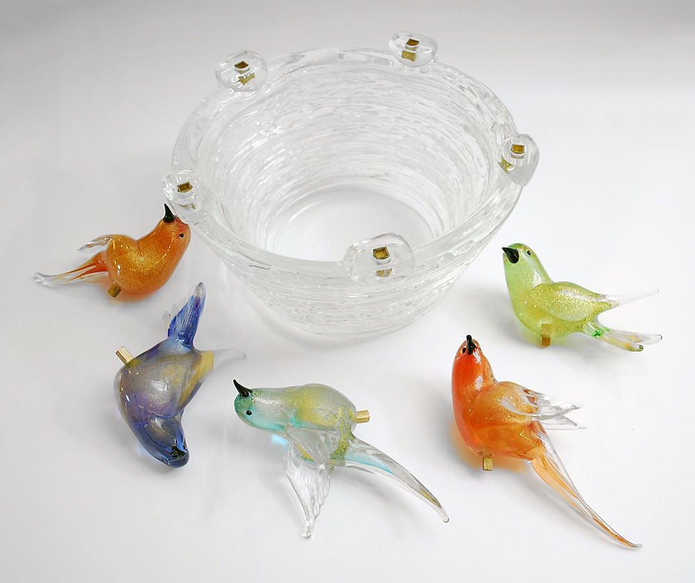 Blown Glass Fine & Rare Murano Bowl with Bird Figurines