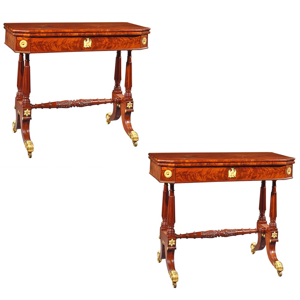 Pair of Card Tables with Trestle Bases and Eagle Mounts