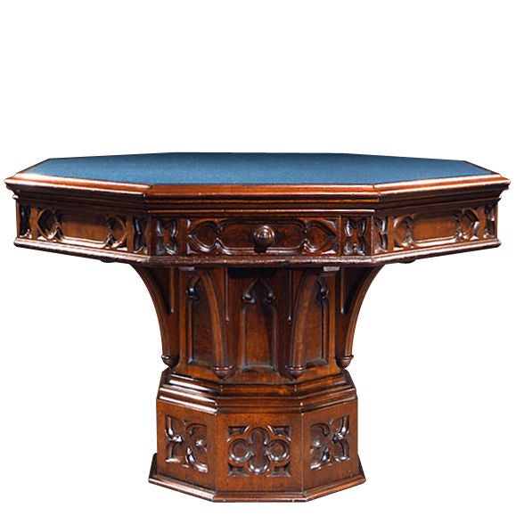 Octagonal Gothic Revival Walnut Library Table