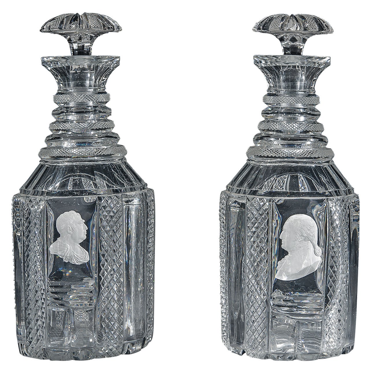 Pair Decanters with Sulphide Portraits of Washington and Fox