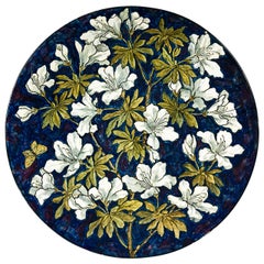 Arts & Crafts Plaque with White Azaleas on a Cobalt Blue Ground