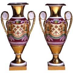 Used Pair of 'Old Paris' Porcelain Vases with Drapery Decoration