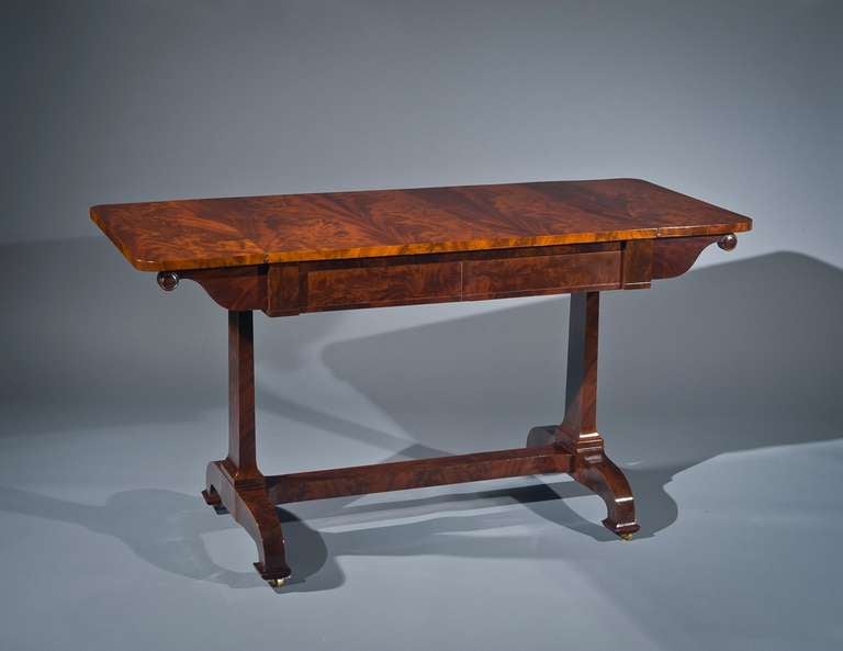 Attributed to Duncan Phyfe and Sons (active 1837-40), New York 
Mahogany, with gilt brass castors
29 7/8 in. high, 24 in. wide, 36 3/4 in. long; 56 1/8 in. long (with both leaves extended).

Although drop-leaf tables of all sizes were an