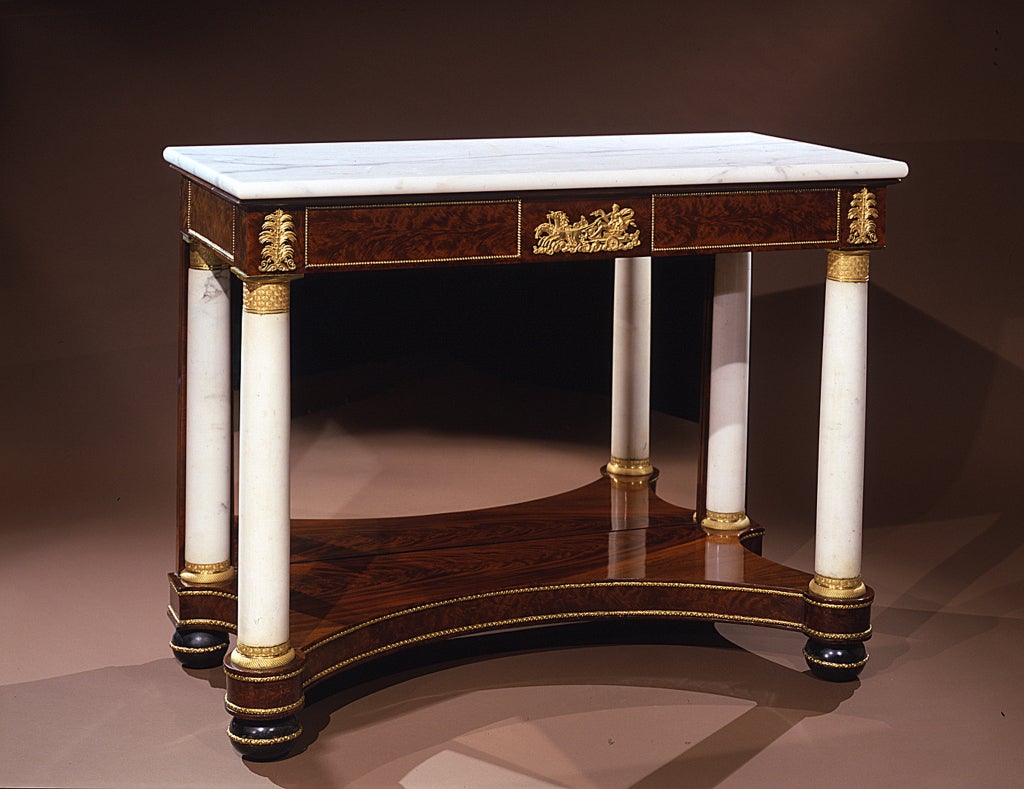 Neo-Classical Pier Table with Marble Columns & Ebonized Bun Feet