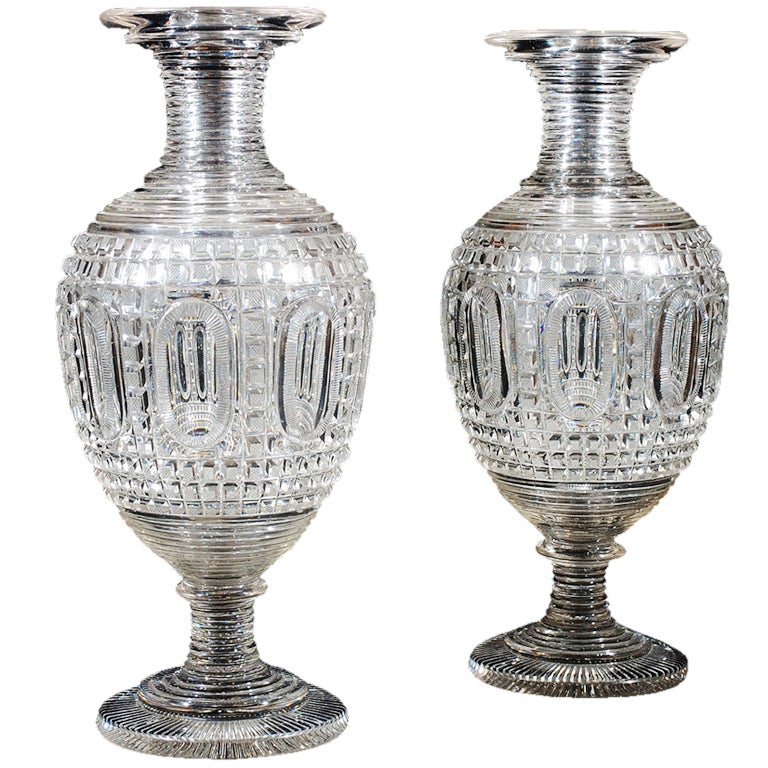 Monumental Pair of Clear Cut-Glass Vases