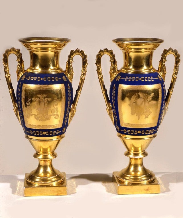 Pair “Old Paris” Blue and Gold Porcelain Handled Vases