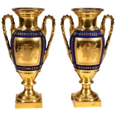 Antique Pair “Old Paris” Blue and Gold Porcelain Handled Vases