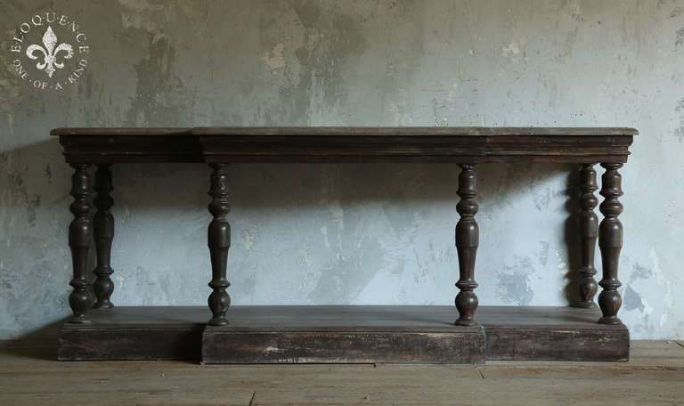 Handsome Large Scale Antique Console in Original deep stain.  Top is refinished, giving it that cool ashy look you see in the photos.  This piece was purchased in Avignon.  Rustic and masculine elegance at it's finest.  Would look spectacular in a