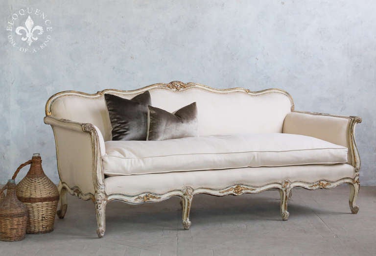 Cream and Gilt Vintage Louis XV Settee with Down Cushion