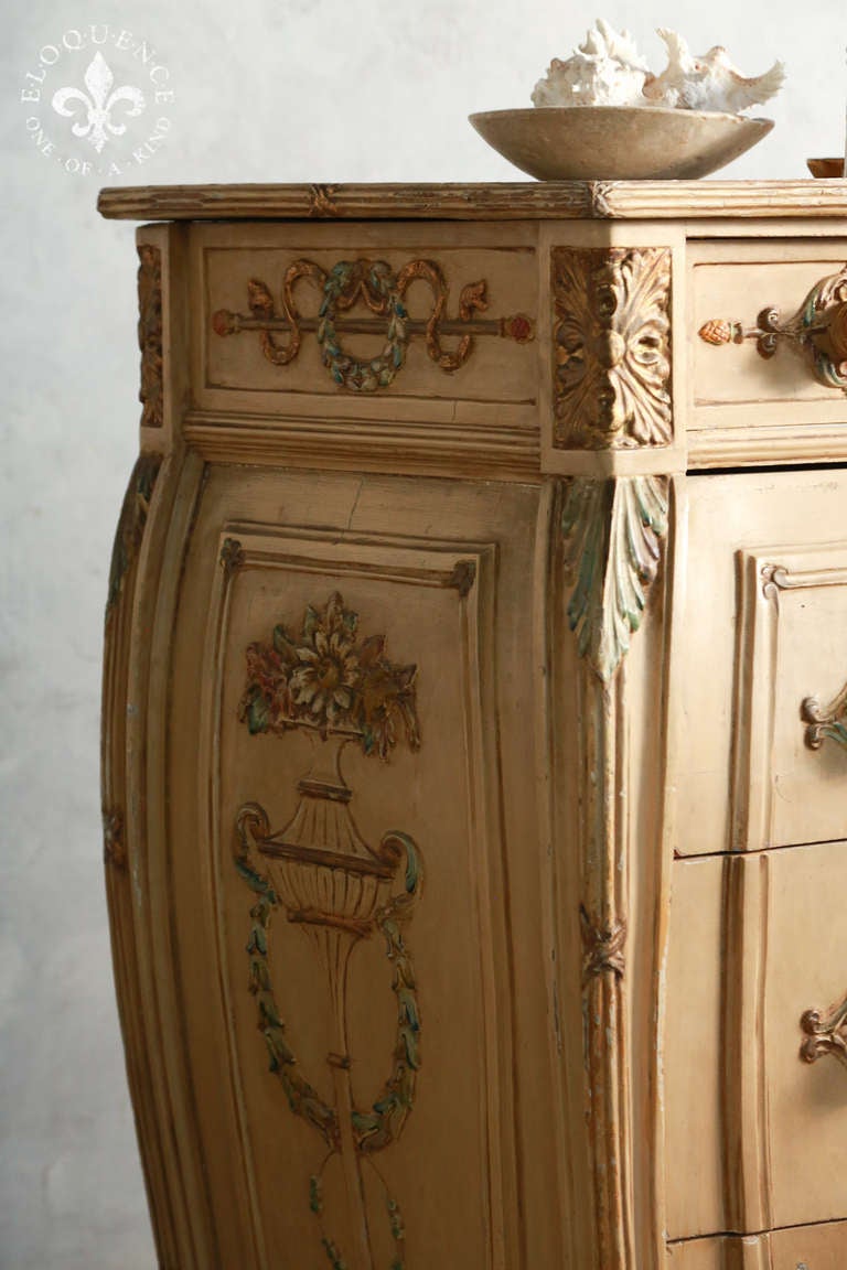 Fabulous Tall Painted Antique Bombe Chest In Good Condition In Los Angeles, CA
