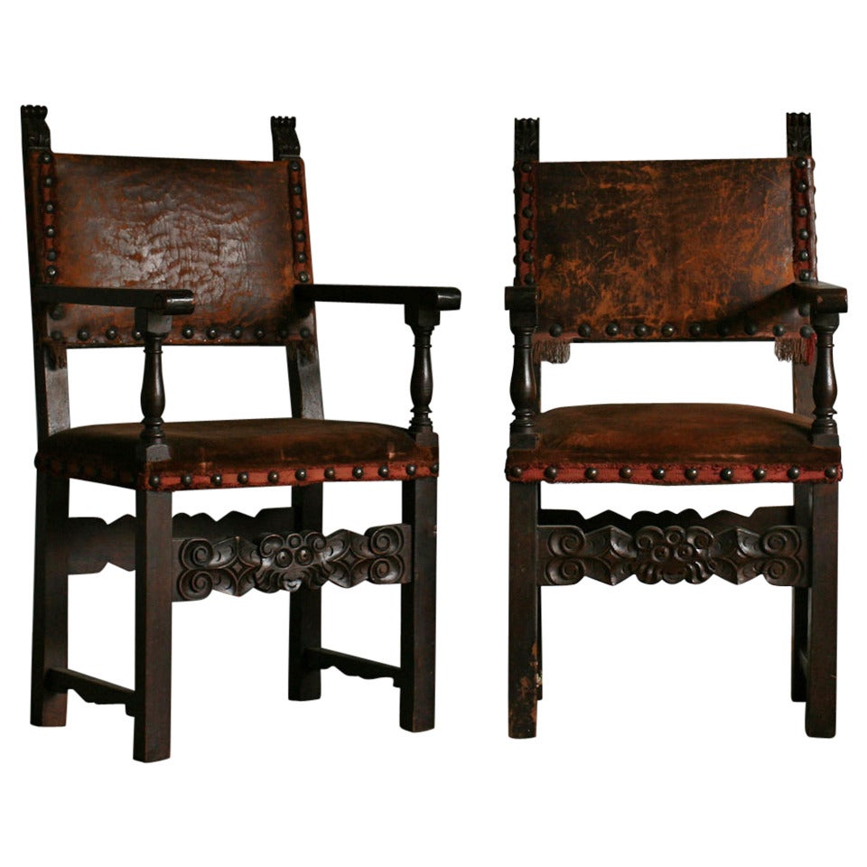 Antique Spanish-style Maplewood Armchairs with Original Upholstery