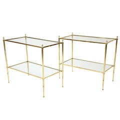 Pair of Mid-Century Modern French Two-Tier Brass and Glass Side Tables