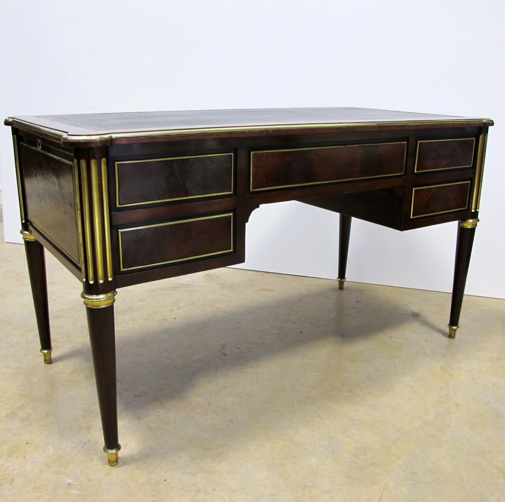 A FINE & RARE LATE 18TH.CENTURY LOUIS XVI PERIOD BRASS & EBONY BANDED MAHOGANY BUREAU-PLAT, WRITING SLIDES TO BOTH SIDES.  REPLACED GOLD TOOLED LEATHER WRITING SURFACES