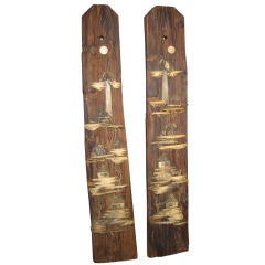 Pr 19thc Asian Rusticated Wood Plaques with Ivory/bone Scenes