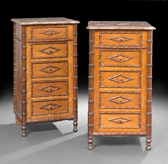 Pair Marble top Faux bamboo chests