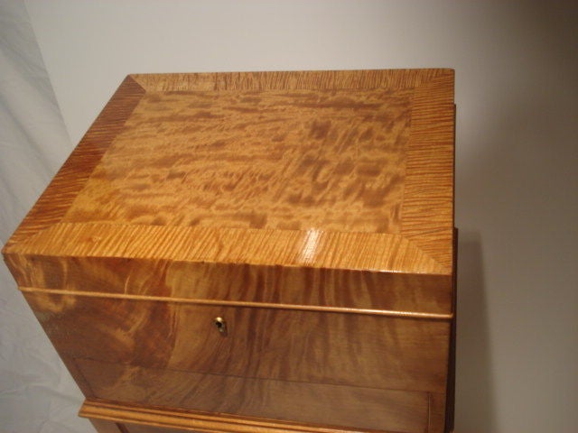 Brass John Bagshaw figured satinwood dressing box on stand