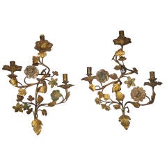 Pr Continental Gilt 3-light Candle Sconces