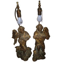 Antique Pair 17thc Carved Giltwood Angels as Lamps