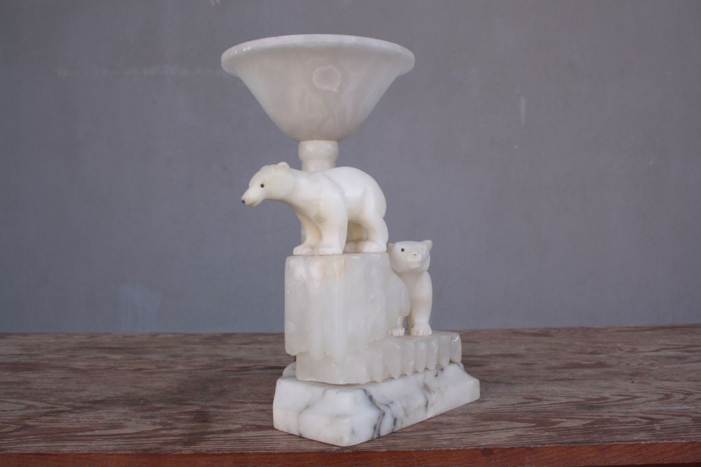Funny art déco alabaster & marble lamp, représenting 2 polar bears on an ice floe