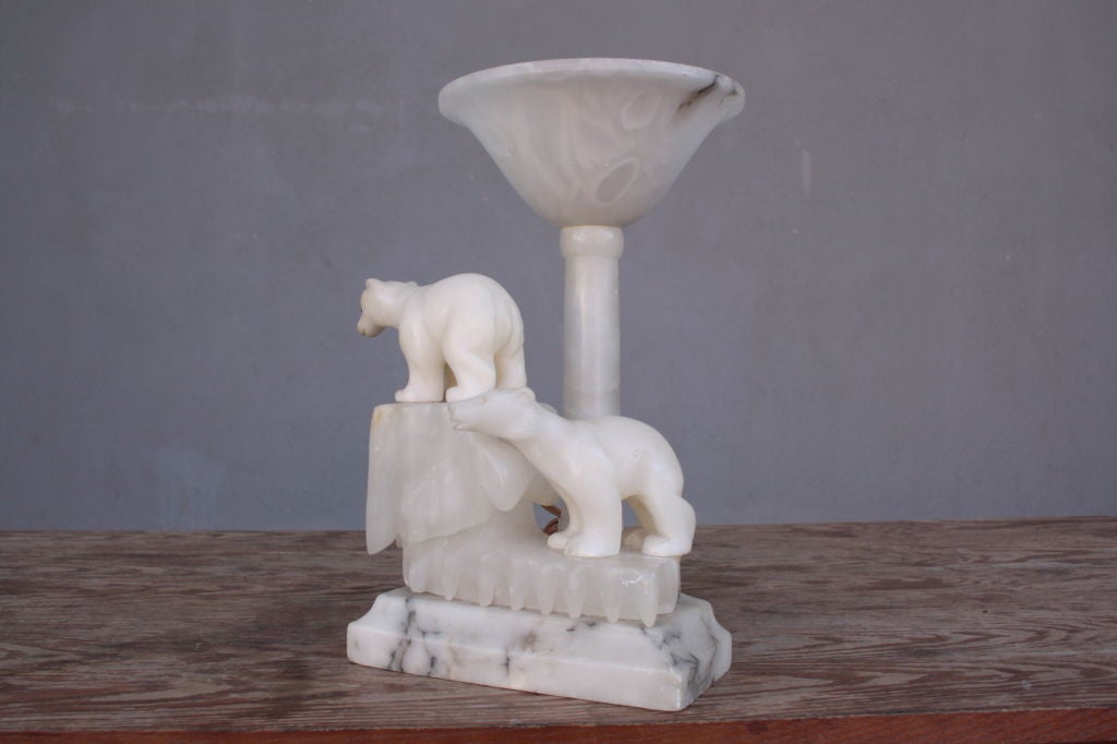 French Art deco alabaster & marble polar bear  lamp For Sale