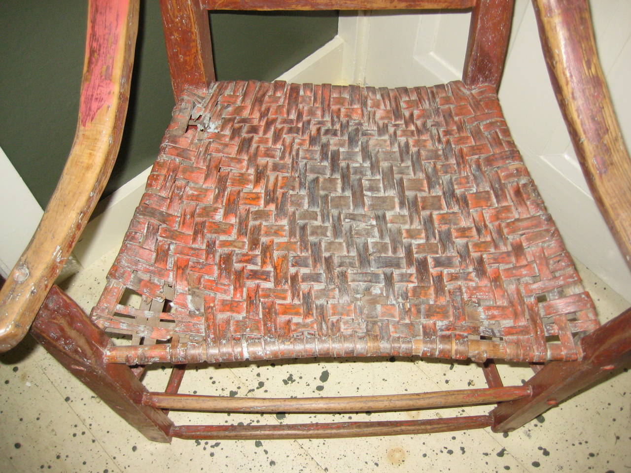 Painted Late 18th Century Canadian Ladderback Armchair In Red Paint For Sale