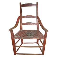 Antique Late 18th Century Canadian Ladderback Armchair In Red Paint